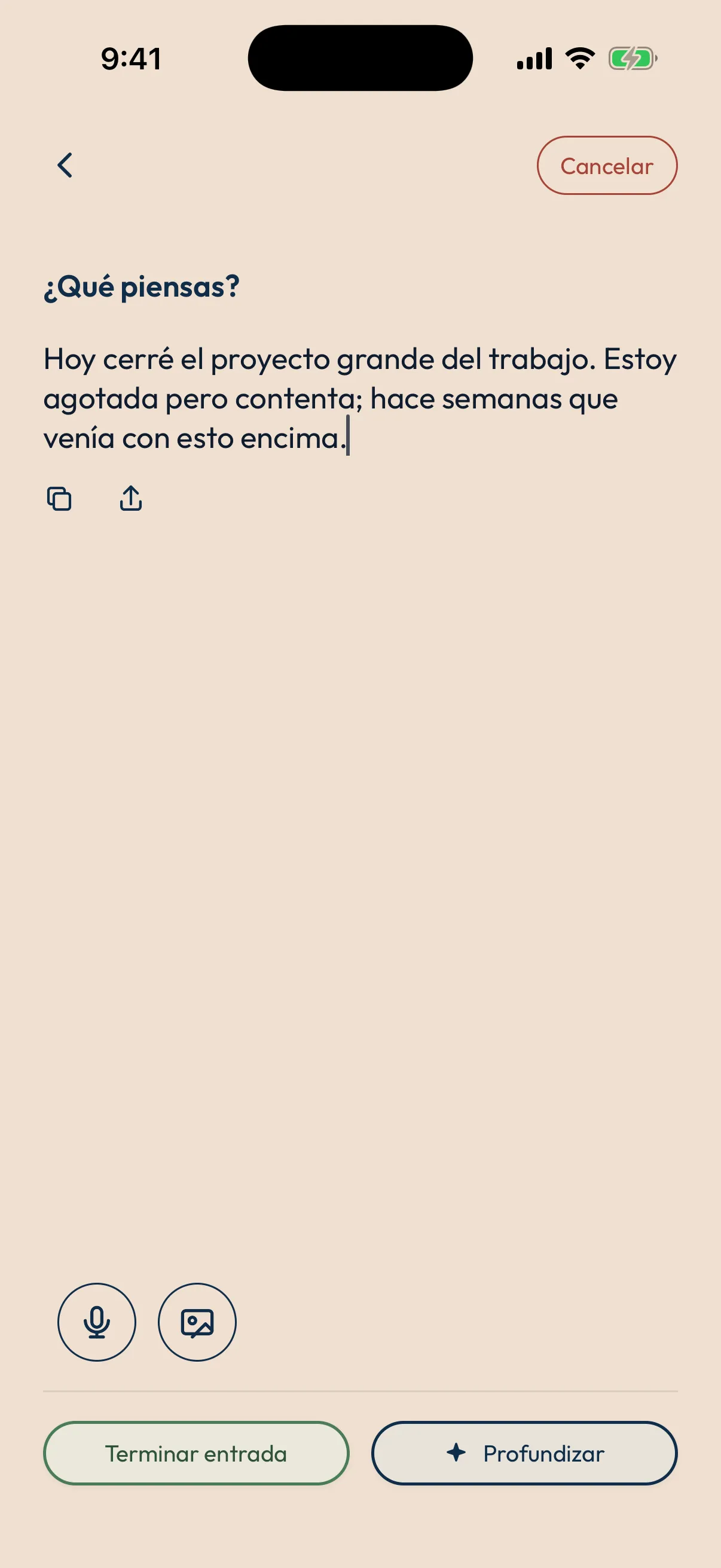 Pantalla de escritura de Euno con la entrada del día