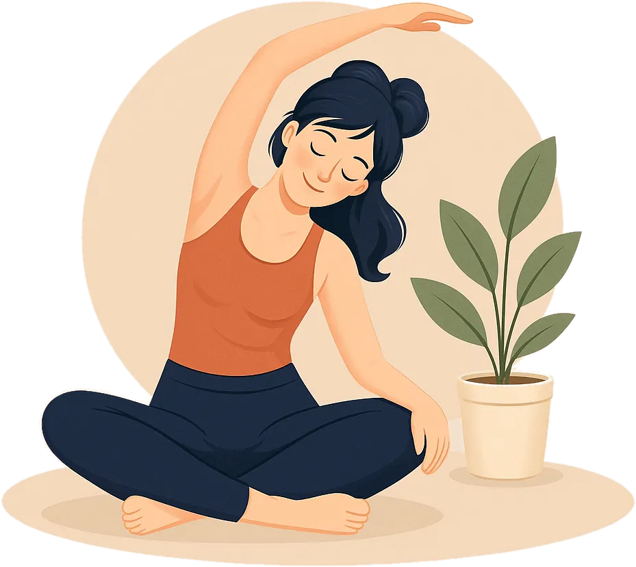 Una mujer sentada en el piso se estira junto a una planta, ilustración de Euno