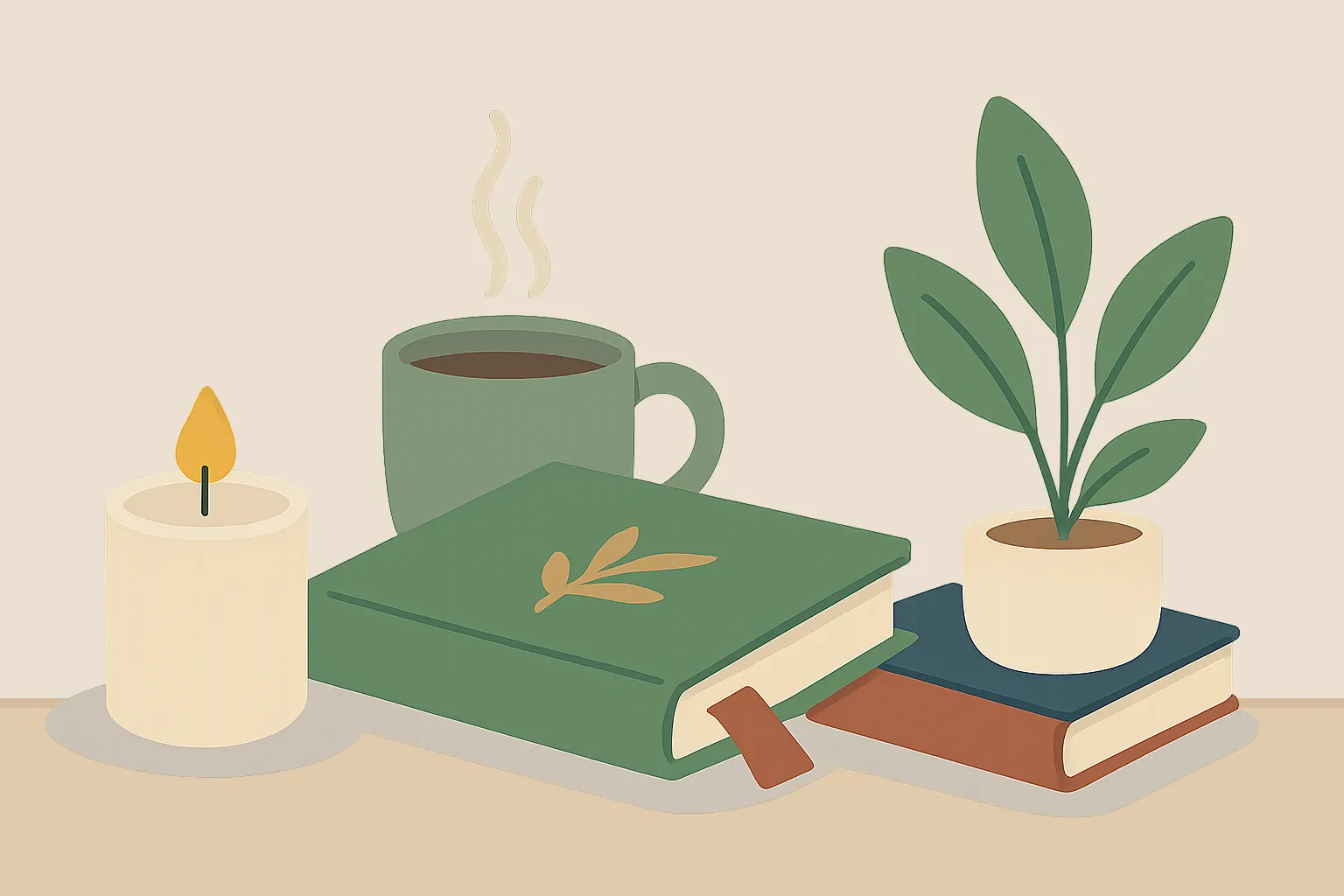 Vela, taza, cuaderno verde y planta sobre una mesa, ilustración de Euno